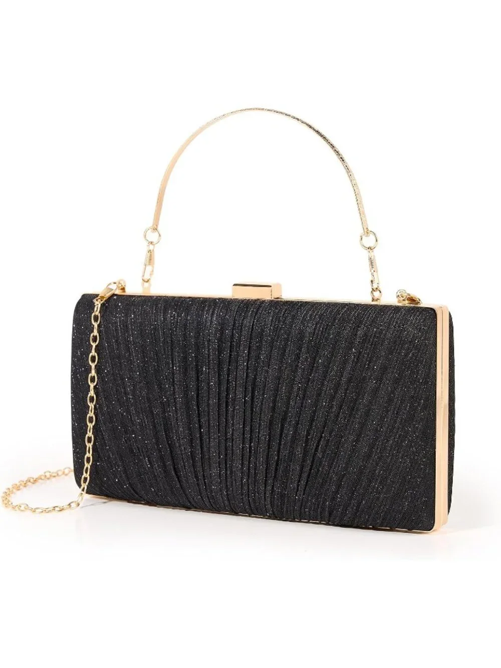 Women's Black Pleated Evening Handbag with Chain Prom Classic Clutch Purses